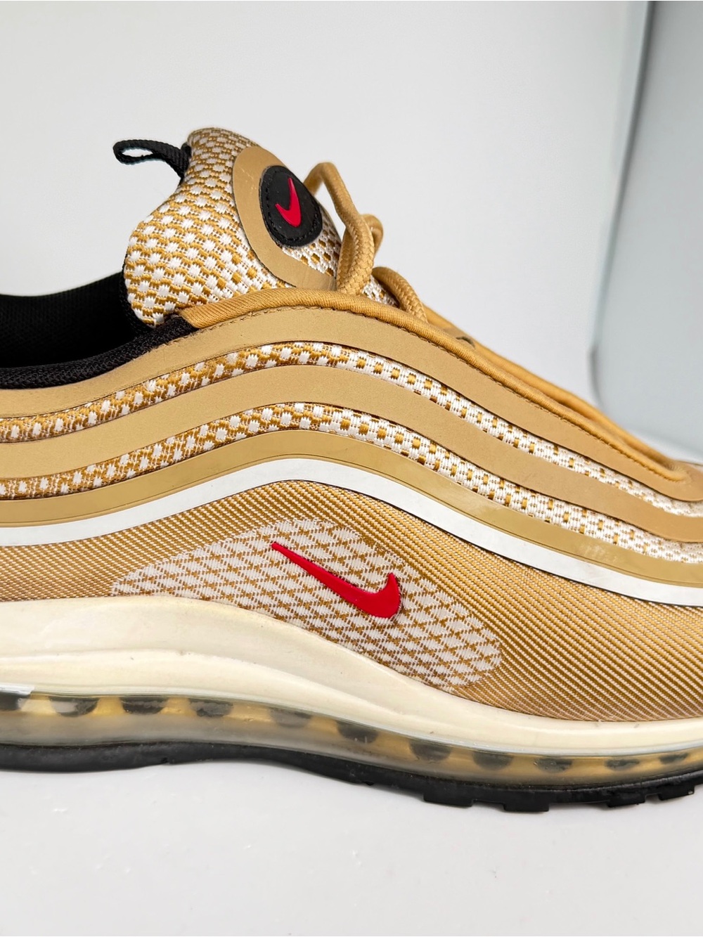 Nike Gold and White Air Max 97 Sneakers with Red Swoosh
